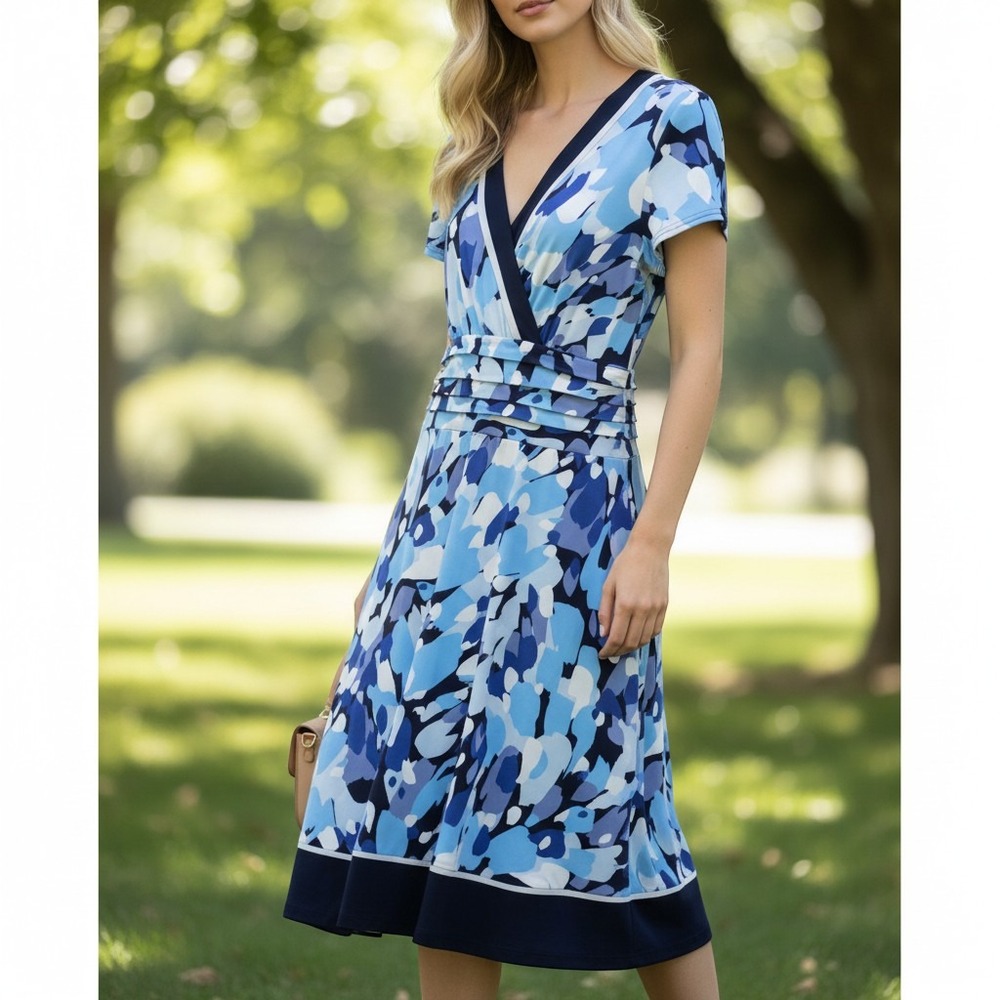 Blue Abstract Floral Faux Wrap Dress V-Neck Knee Length Navy Trim 12 / #26866